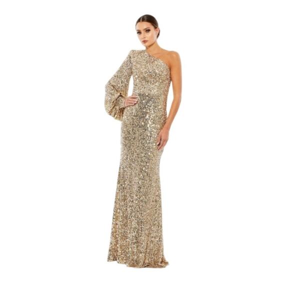 Mac Duggal Sz 6 NEW 26717 Gold Sequined One Shoulder Bishop Sleeve Trumpet Gown - Picture 1 of 10